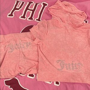 Juicy Couture Pink Hoodie and Shorts Set rhinestone detail terry cloth pockets